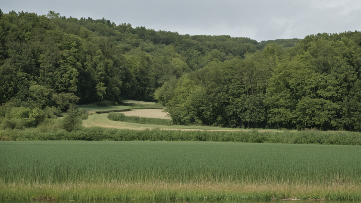 Une prairie ouverte dans une vallée de montagne avec une lumière de fin de journée.