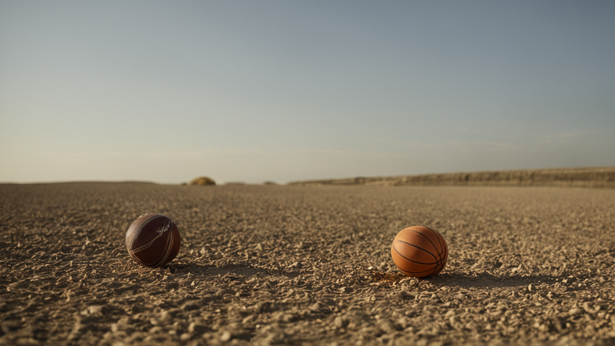 Une table de draft de basket aligne casquettes et ballon dans une salle d'événement.