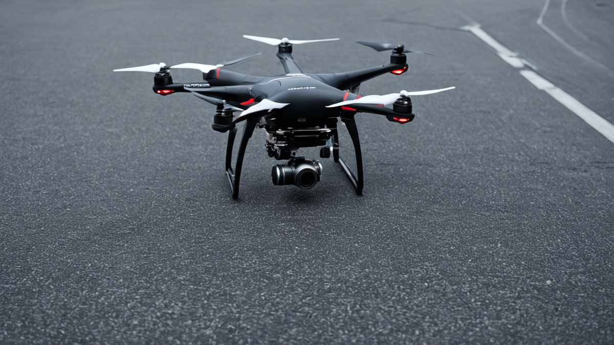 Module volant en test au-dessus d’un véhicule au sol dans une zone technique.