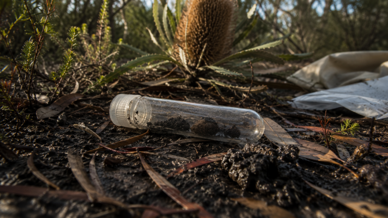 Tube d’échantillon posé sur un sol forestier australien