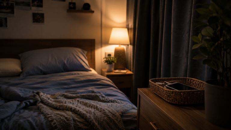 Téléphone posé hors du lit dans une chambre d’ado