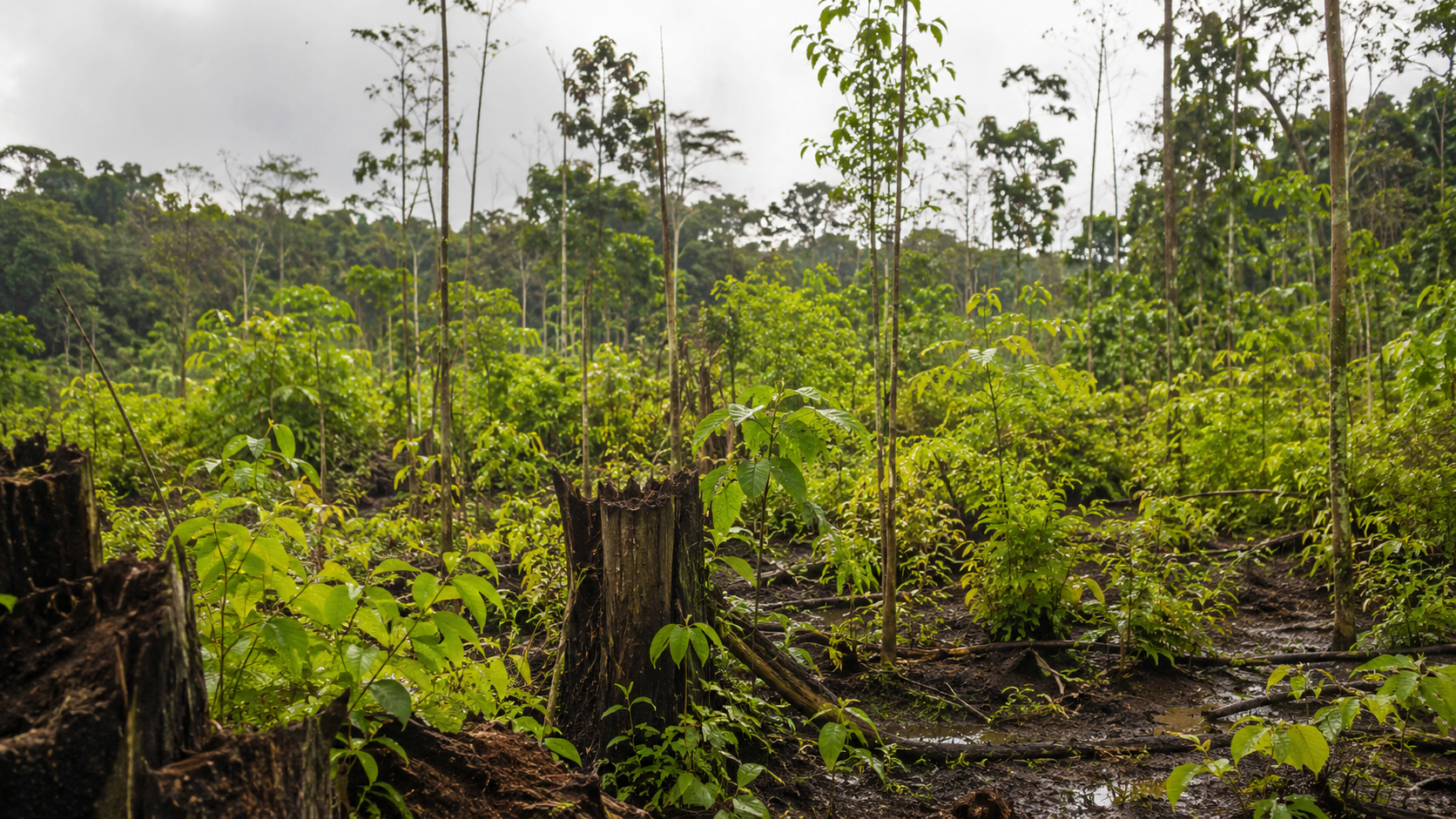 Jeune forêt secondaire qui repousse sur une ancienne trouée