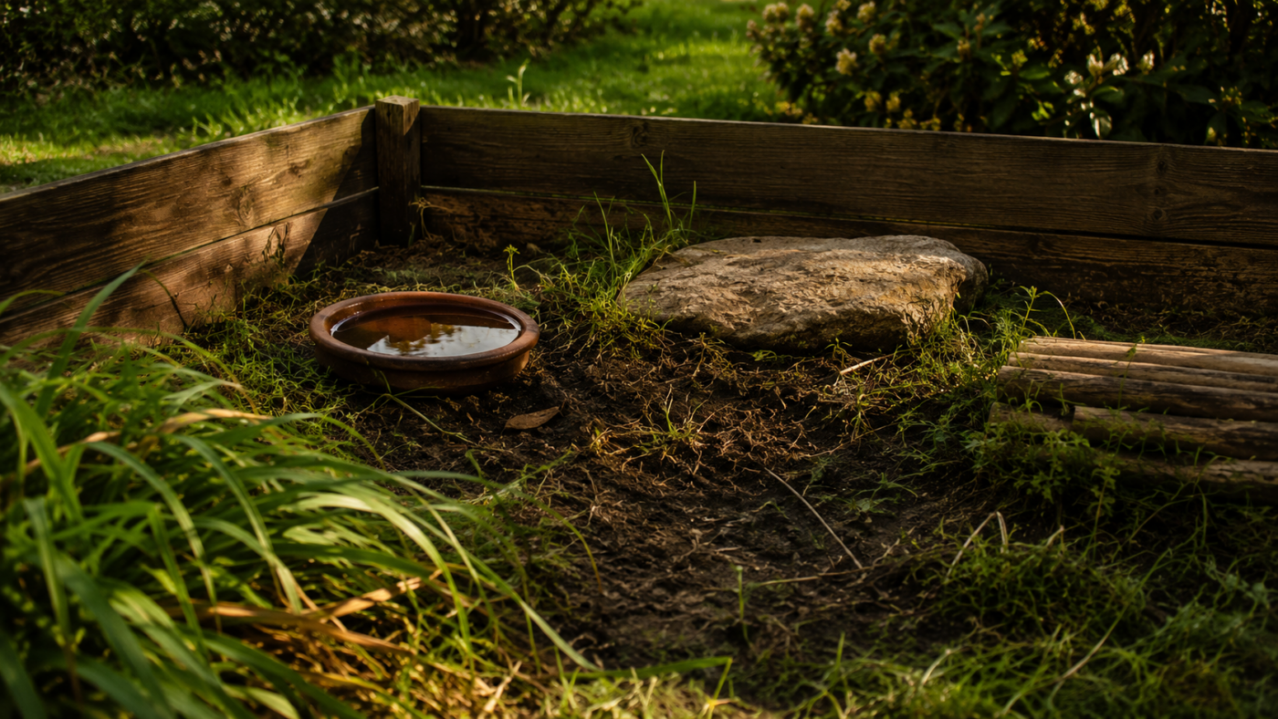 Enclos de tortue vide dans un jardin de l'Yonne