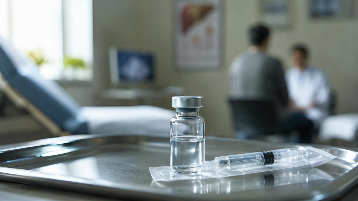 Flacon médical neutre et seringue scellée dans une ambiance clinique sobre