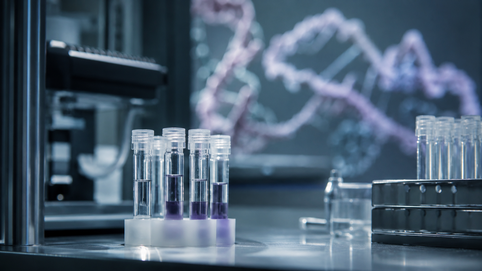 Paillasse de laboratoire avec tubes neutres évoquant une molécule antisens