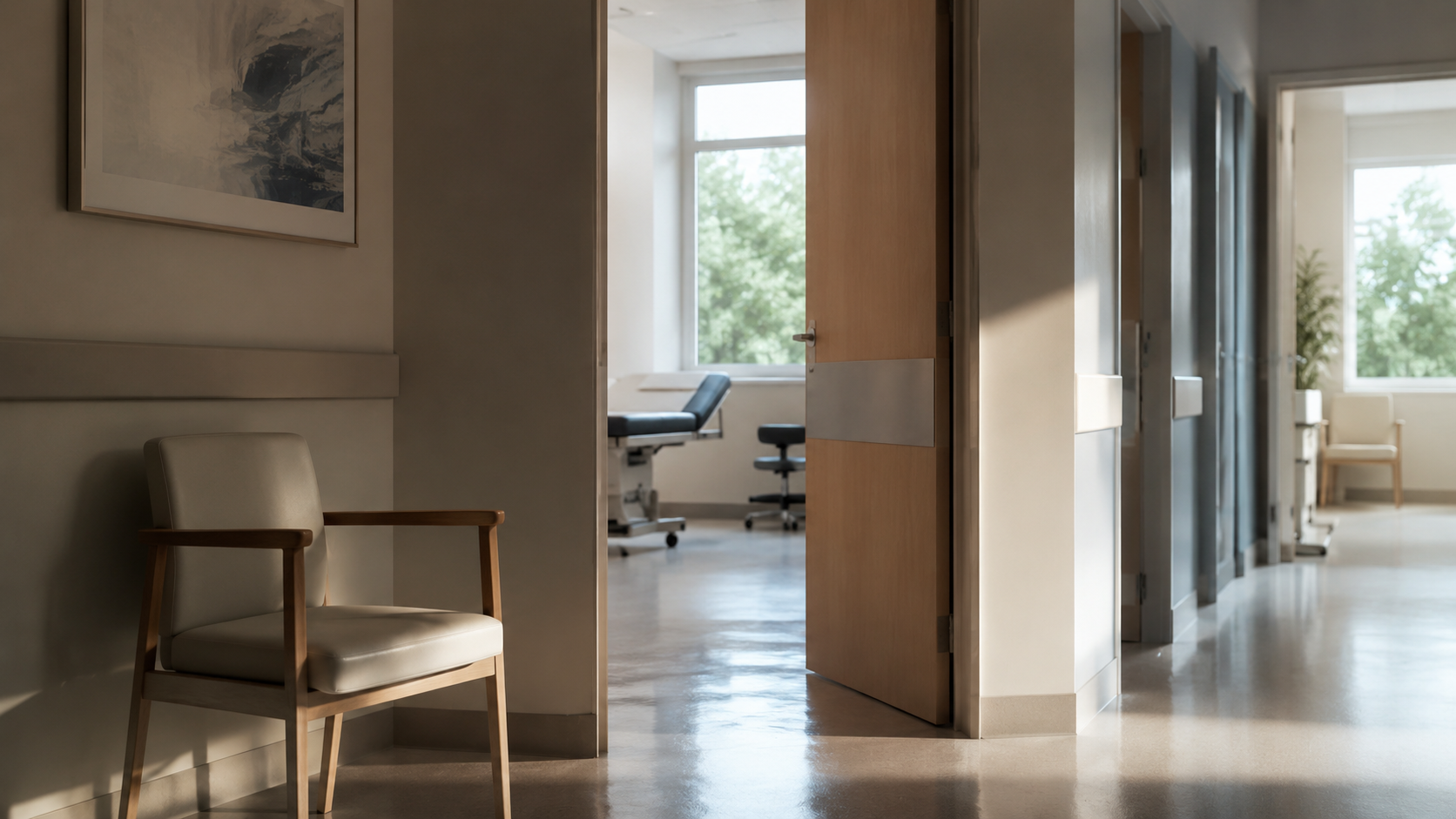 Couloir d’hôpital clair avec chaise vide et porte de consultation entrouverte
