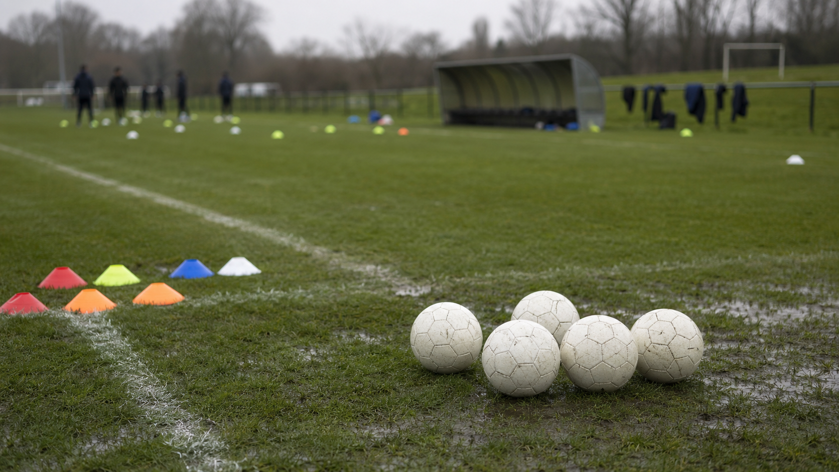 Terrain d’entraînement humide avec cônes et ballons neutres