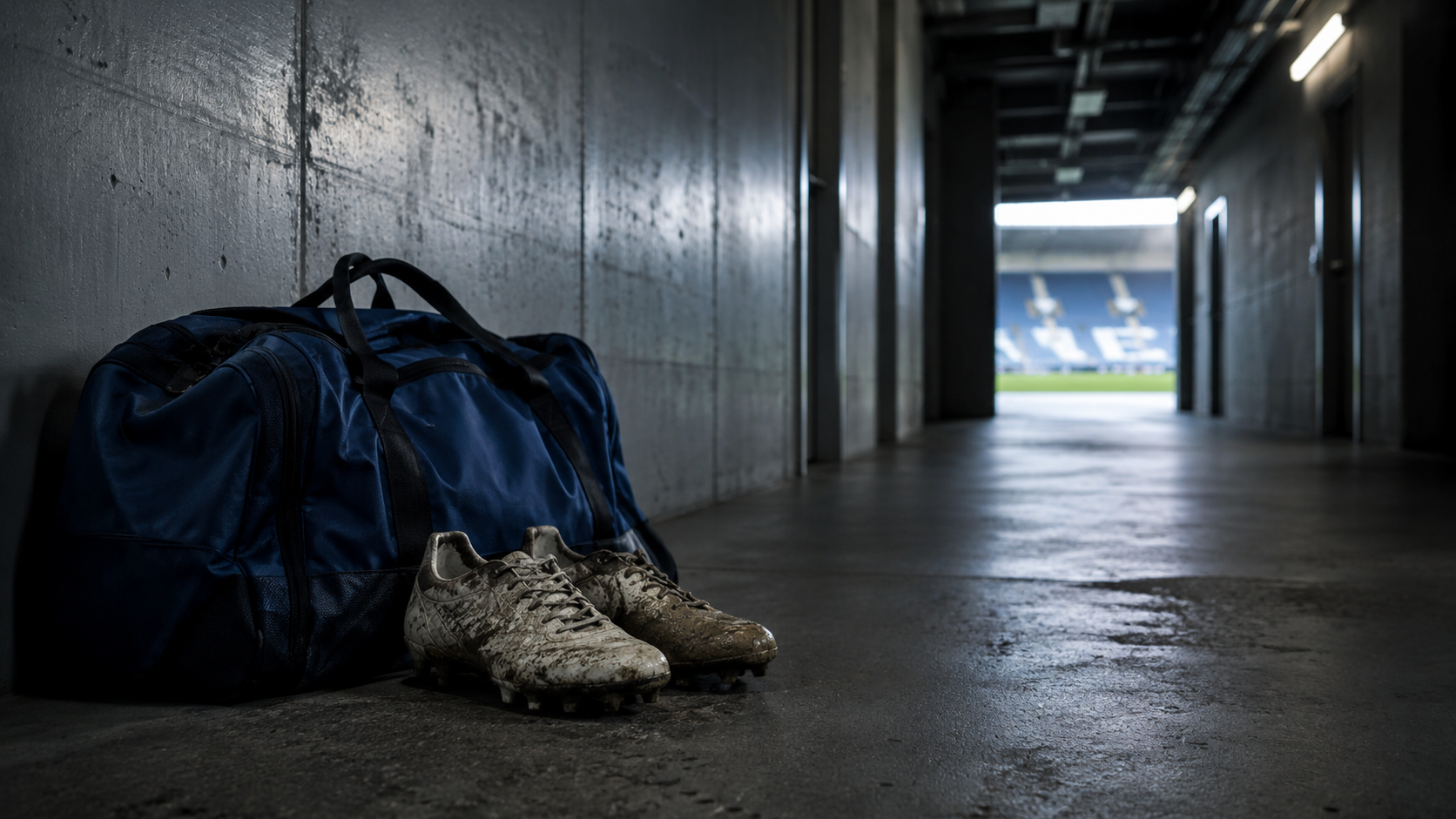 Sac de voyage sportif bleu dans un couloir de stade vide
