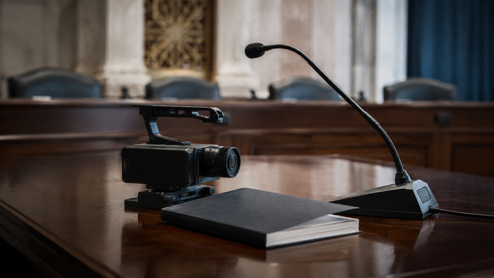 Caméra compacte et micro de table dans une salle d'audition, sans marque visible