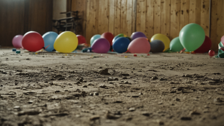 Salle de camp temporaire avec ballons, crayons et sacs de secours.