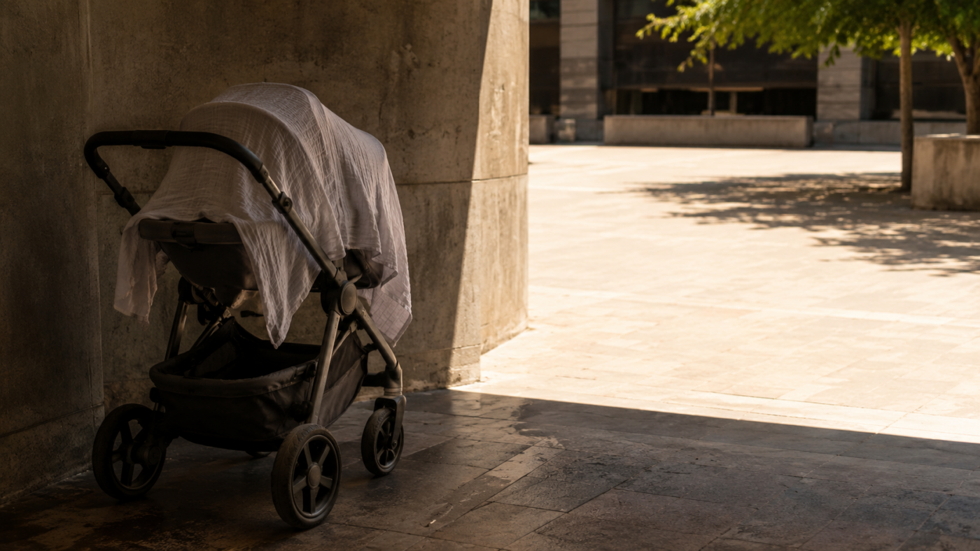 Poussette vide à l’ombre avec un lange plié à côté