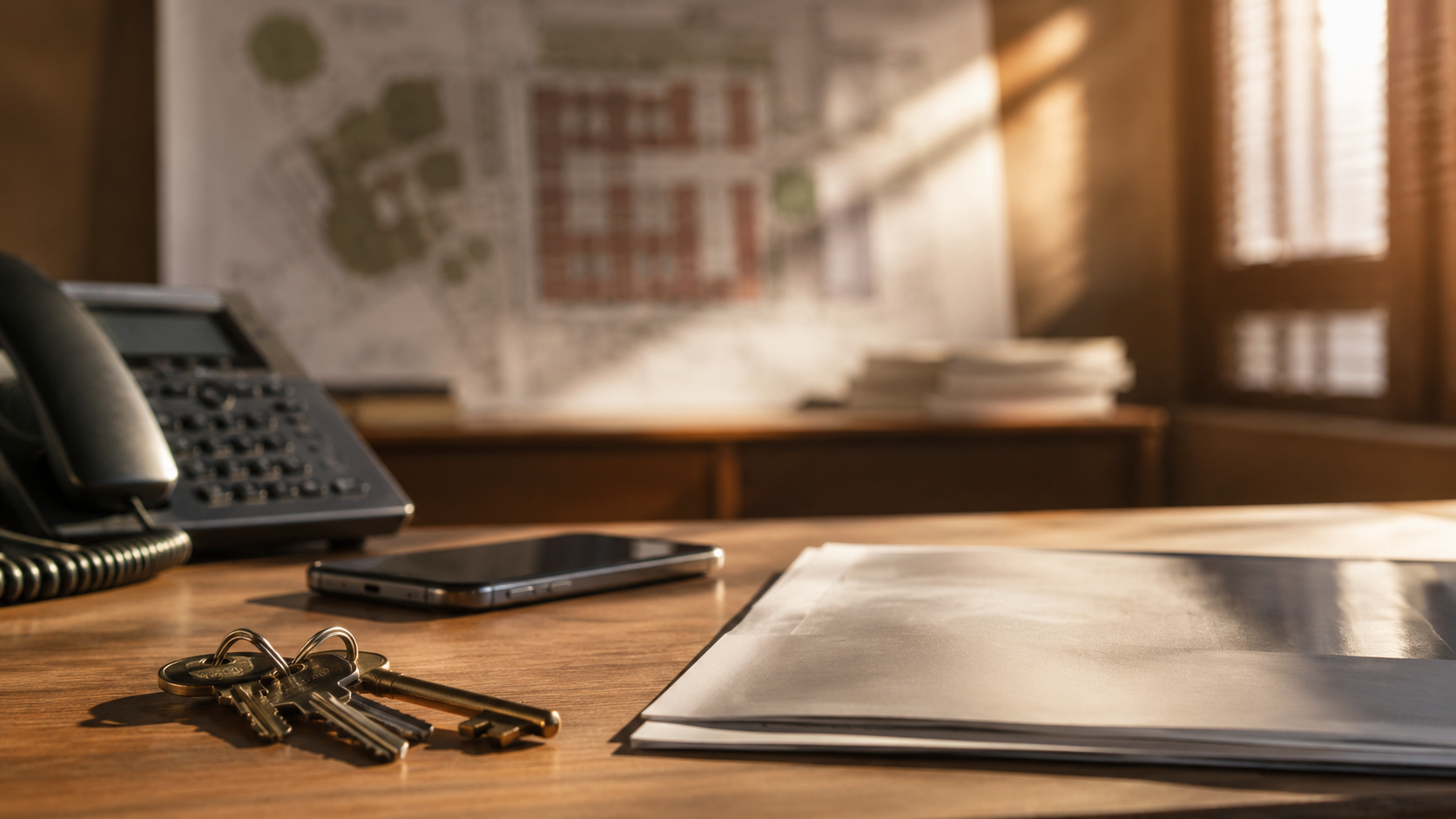 Bureau municipal sobre avec clés et plan flouté d'un bâtiment scolaire.