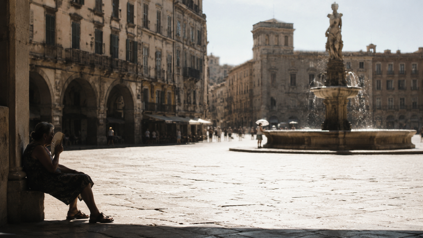 Place italienne très chaude avec pavés clairs et zones d’ombre rares