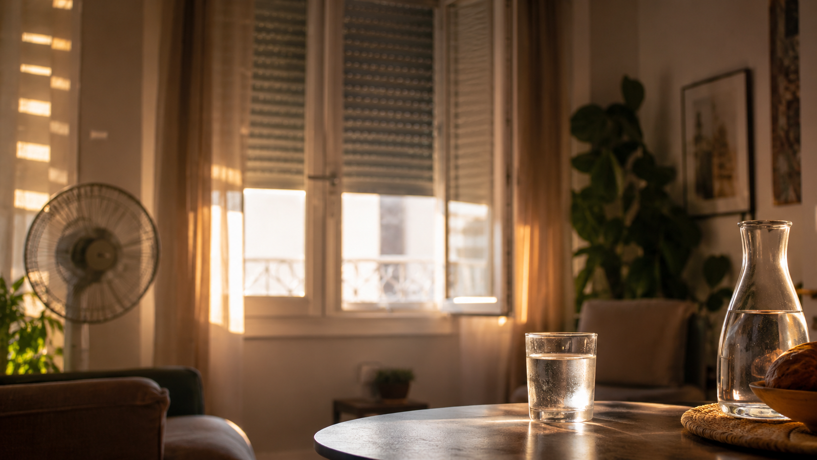 Appartement protégé de la chaleur avec volets fermés et verre d’eau