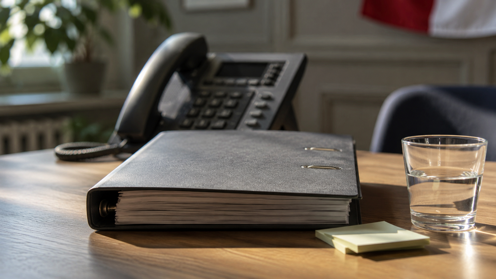Un classeur neutre, un téléphone fixe et un verre d’eau sur un bureau municipal, sans texte visible.