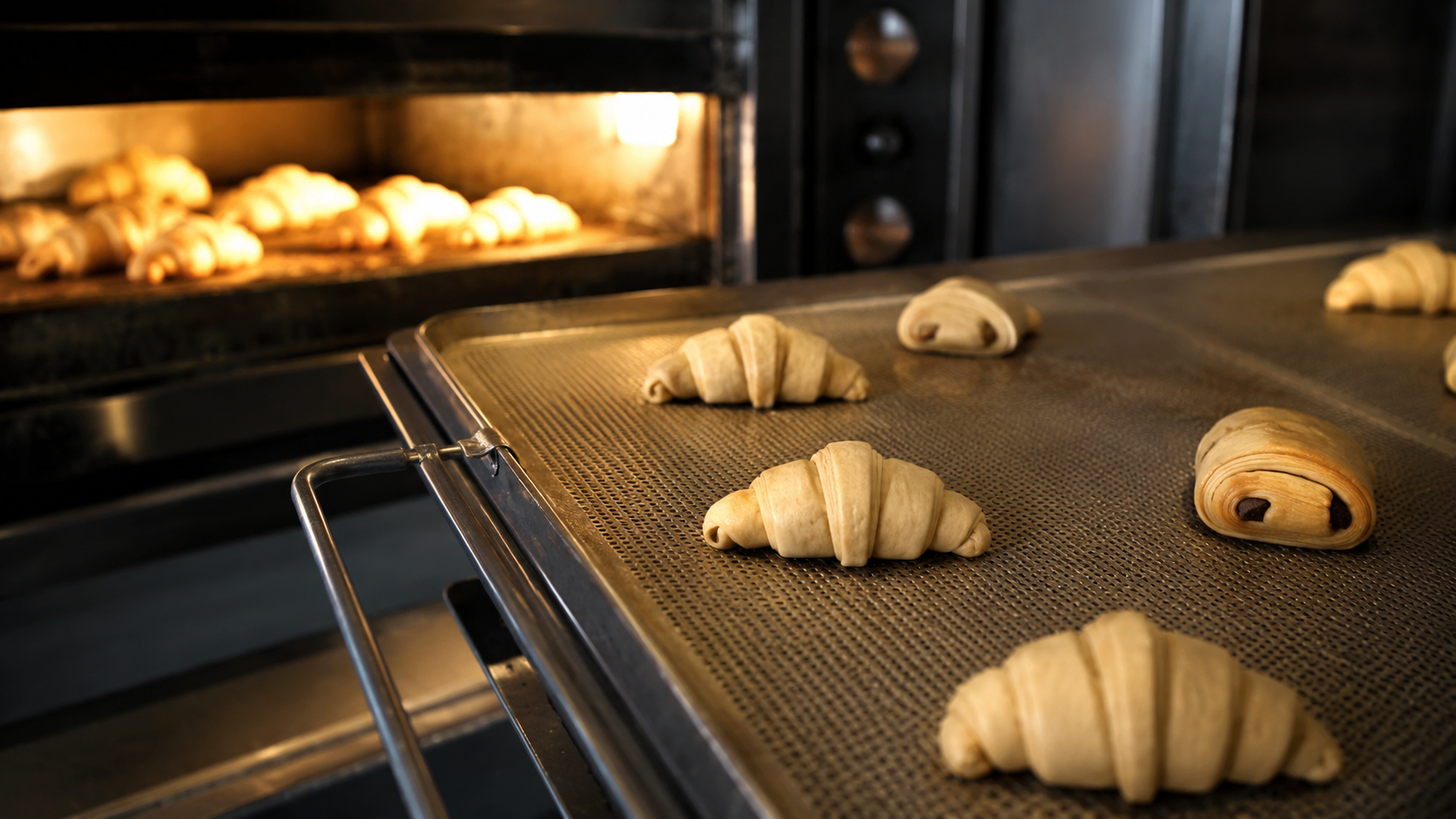 Plaques de viennoiseries devant un four avec une production ajustée.