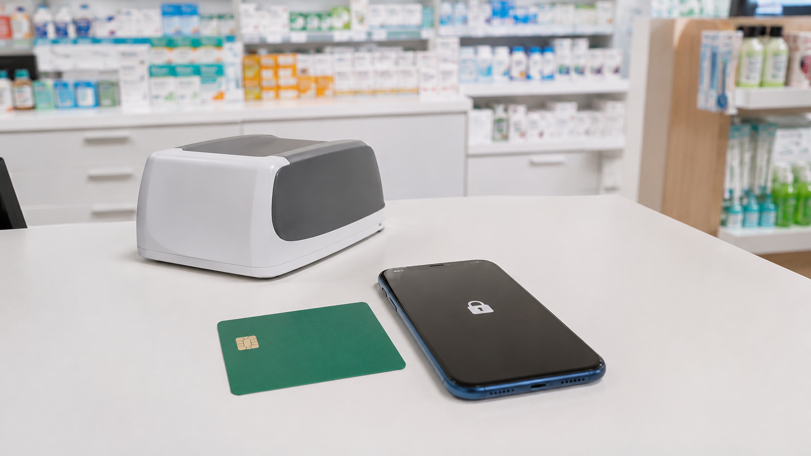 Un comptoir de pharmacie distingue l’appli officielle du paiement frauduleux
