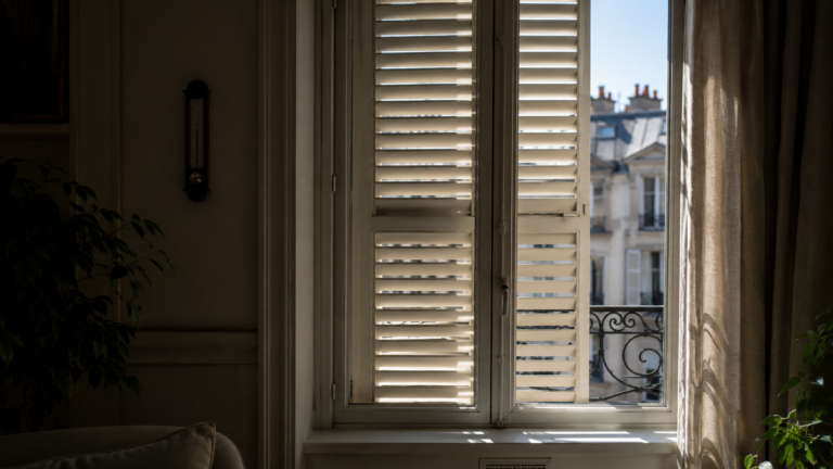Volets clairs fermés sur une fenêtre avant une journée chaude