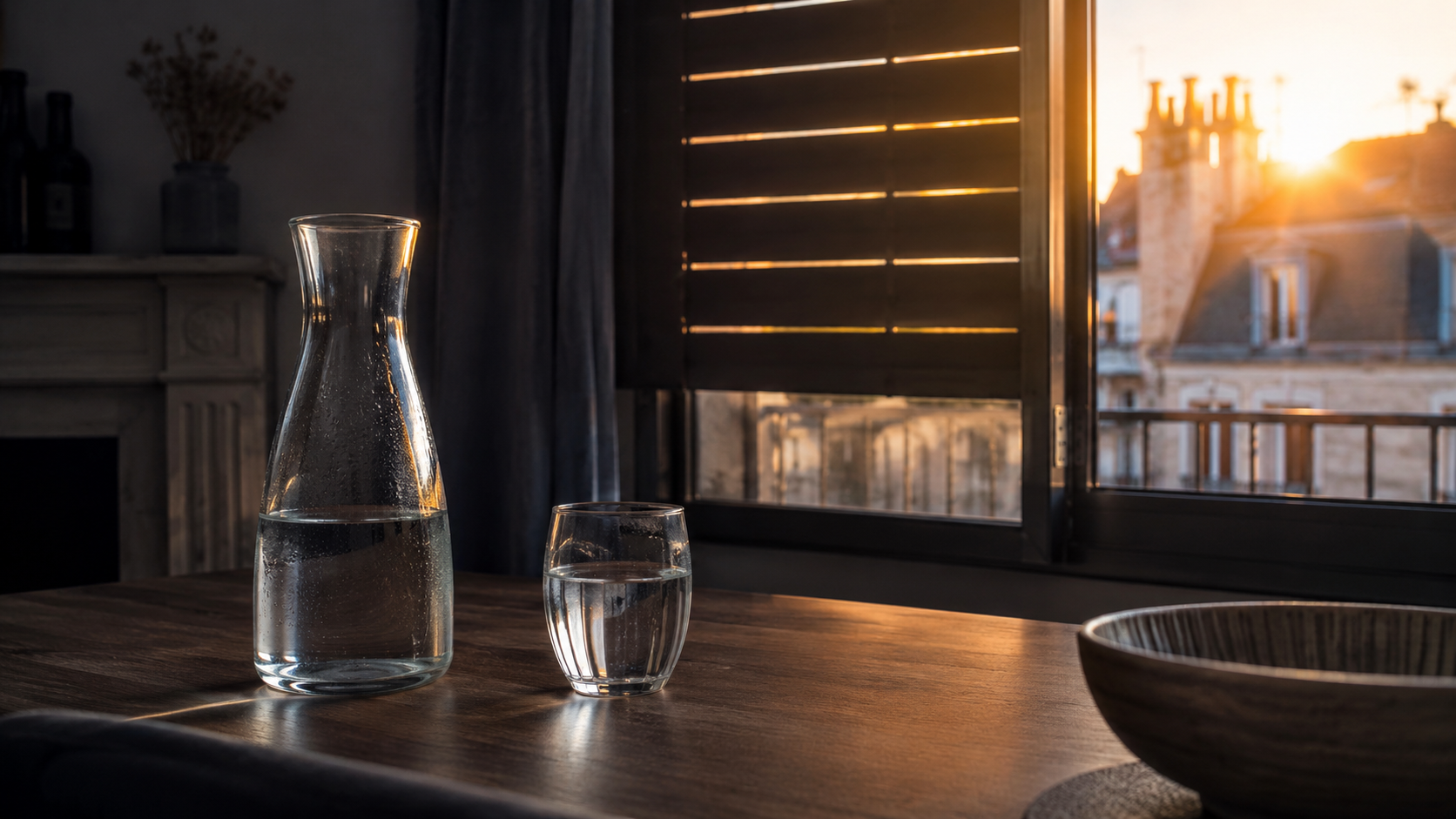 Carafe d'eau près d'un volet entrouvert pendant une forte chaleur