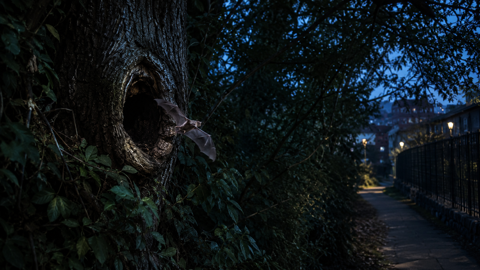 Un vieux tronc garde un passage dans la nuit urbaine