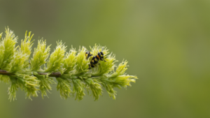Une chenille longe un bourgeon de chêne encore fermé
