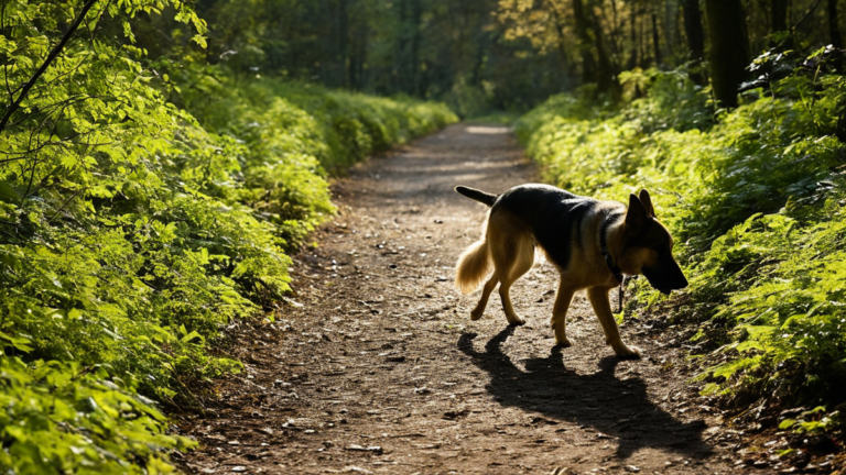 Une laisse courte guide un chien au bord du sous-bois