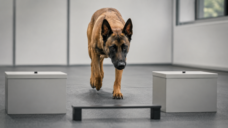 Malinois dans une salle de test face à deux boîtes opaques