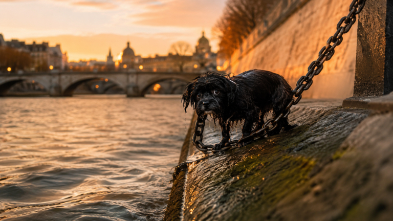 Petit chien mouillé près d’une chaîne sur un quai de Seine