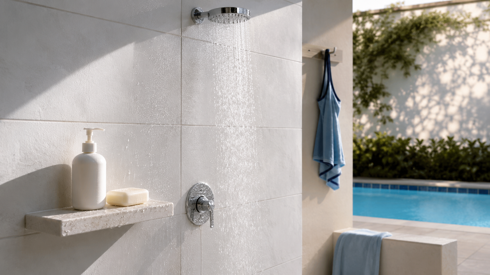 Une douche de piscine vide avec un savon neutre et une serviette d’enfant unie.