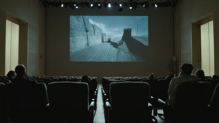 Des jeunes spectateurs regardent un film dans une salle obscure.
