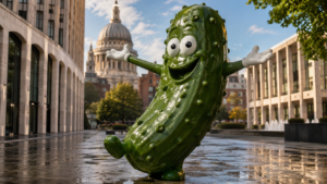 Une mascotte cornichon verte près de bocaux sans étiquette