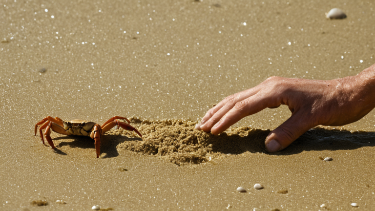 Un crabe traverse le sable en laissant deux traces.
