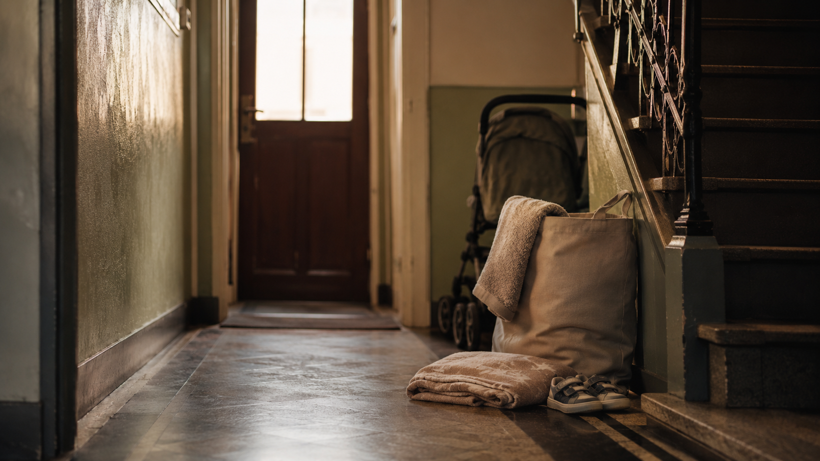 Un sac de dons neutre et une couverture d’enfant dans un couloir d’immeuble européen.