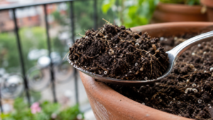 Une cuillère de terreau vivant dans un pot de balcon