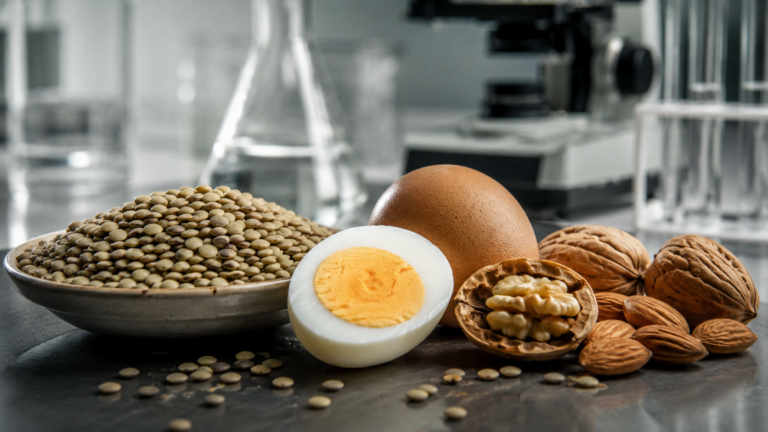 Une assiette de lentilles, œuf et noix près d'un objet de labo