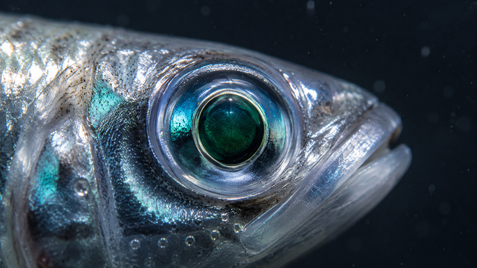Gros plan sur l'œil d'un poisson abyssal avec reflets bleu-vert