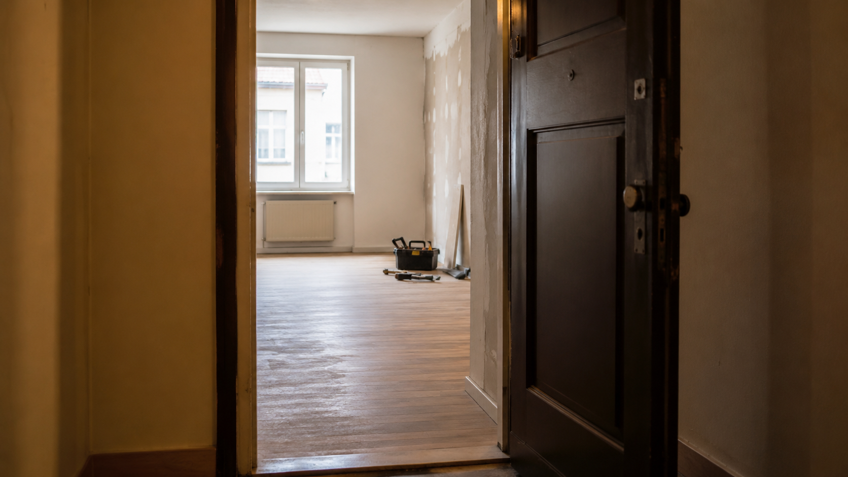 Une porte d’appartement ouverte laisse voir des outils de rénovation au sol.