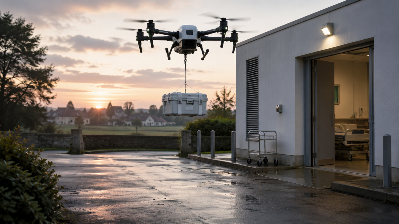 Un drone médical avec un coffret fermé près d’un hôpital rural, sans texte visible.