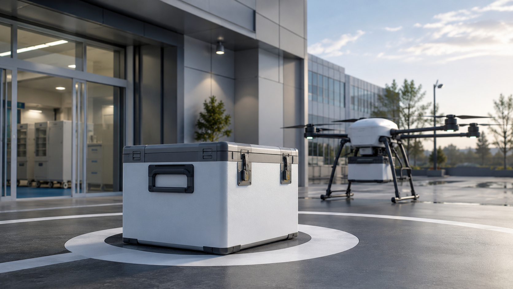 Un coffret médical fermé posé sur une plateforme de livraison, sans inscription visible.