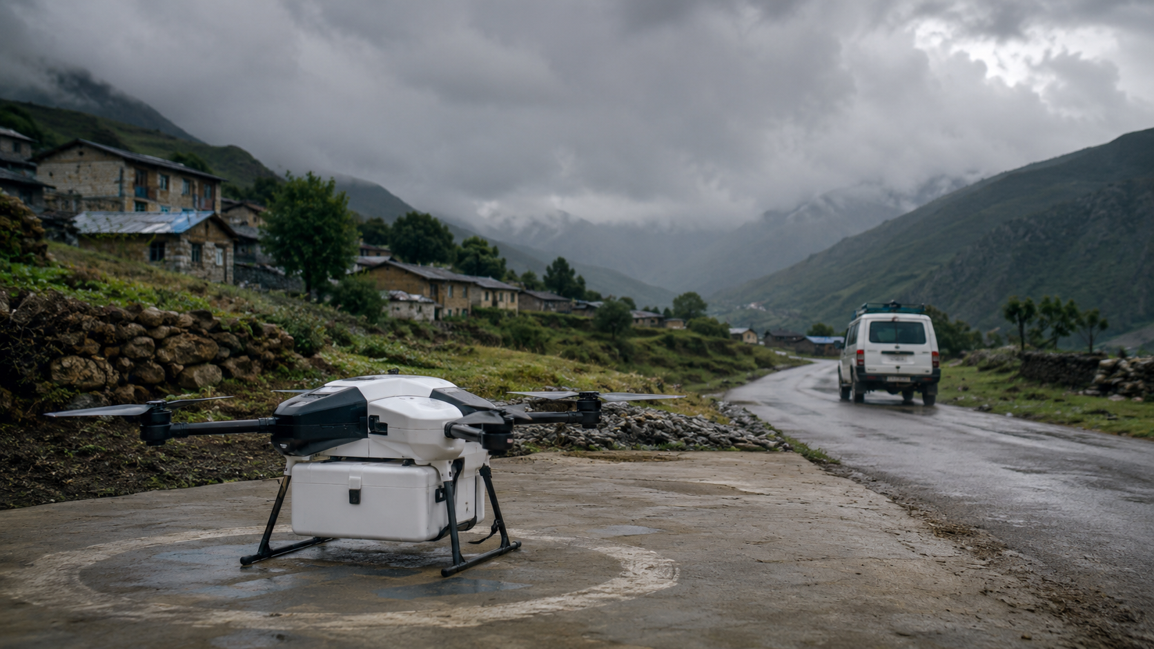 Un drone médical immobilisé par mauvais temps près d’une route rurale, sans texte visible.