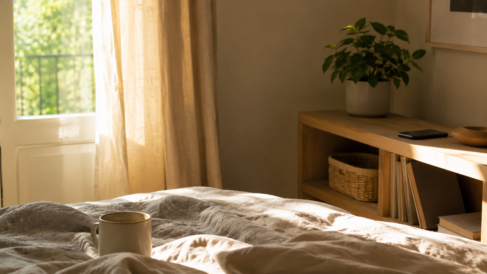 Téléphone posé loin du lit dans une chambre éclairée par la lumière du matin.