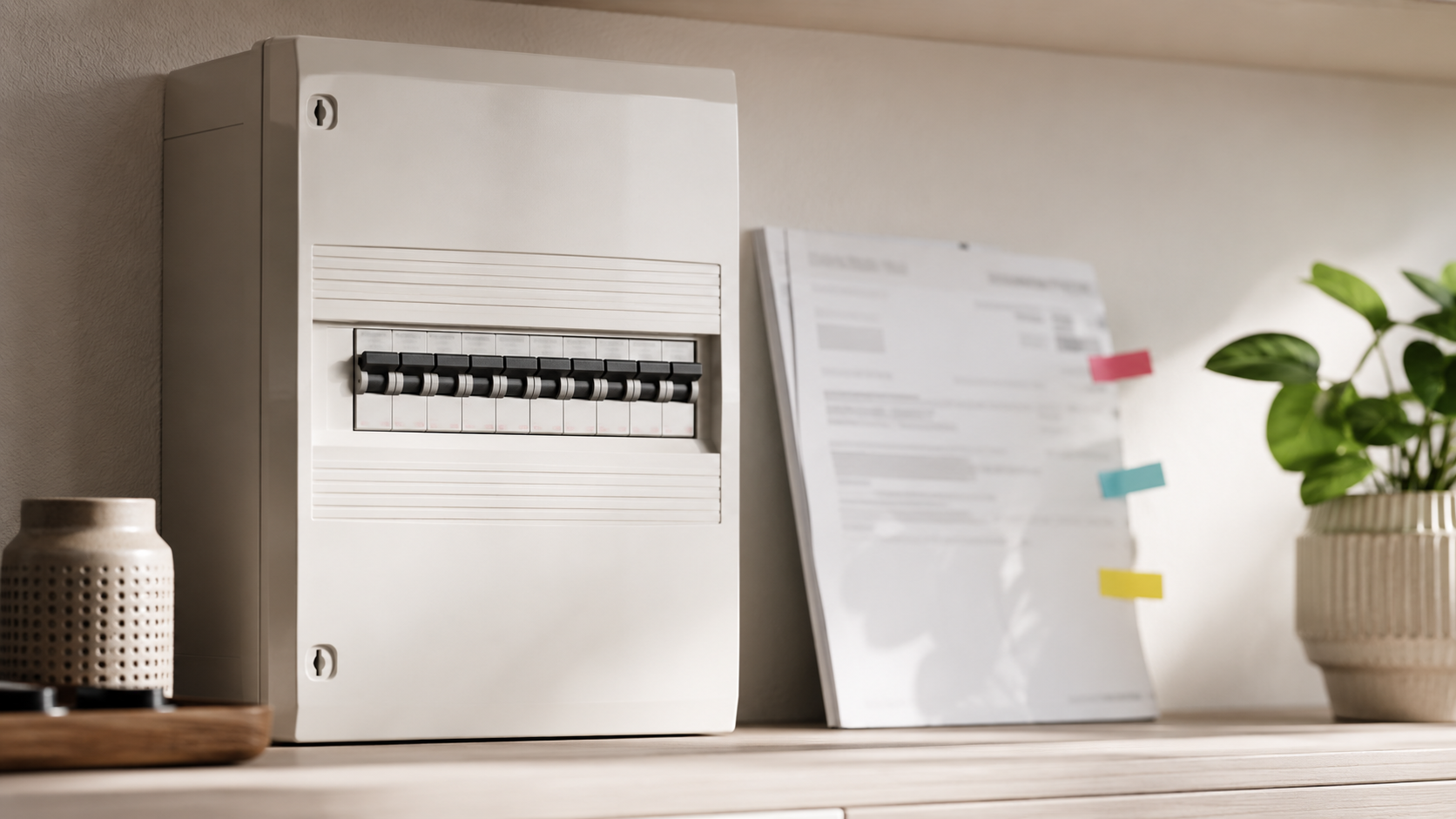 Un compteur électrique domestique fermé et une facture neutre sur un meuble clair, sans texte visible.