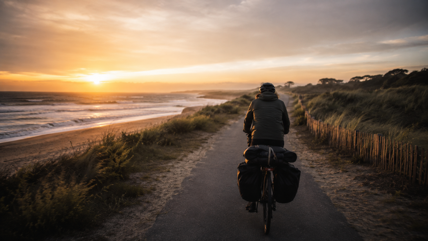 Un vélo de voyage près des dunes au lever du jour, sans texte ni visage identifiable.
