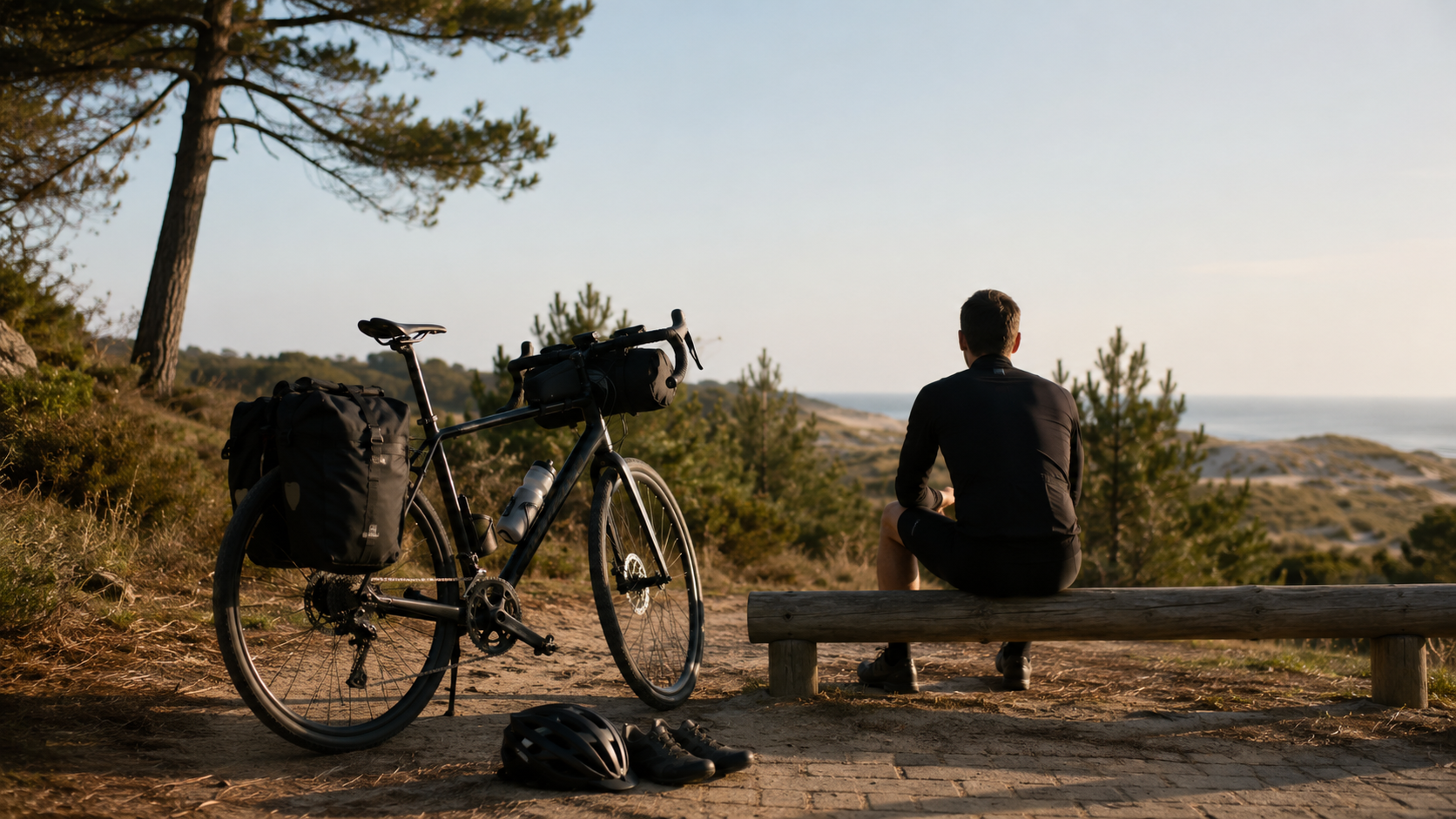 Du matériel de cyclotourisme préparé près d’un paysage côtier, sans texte ni logo.