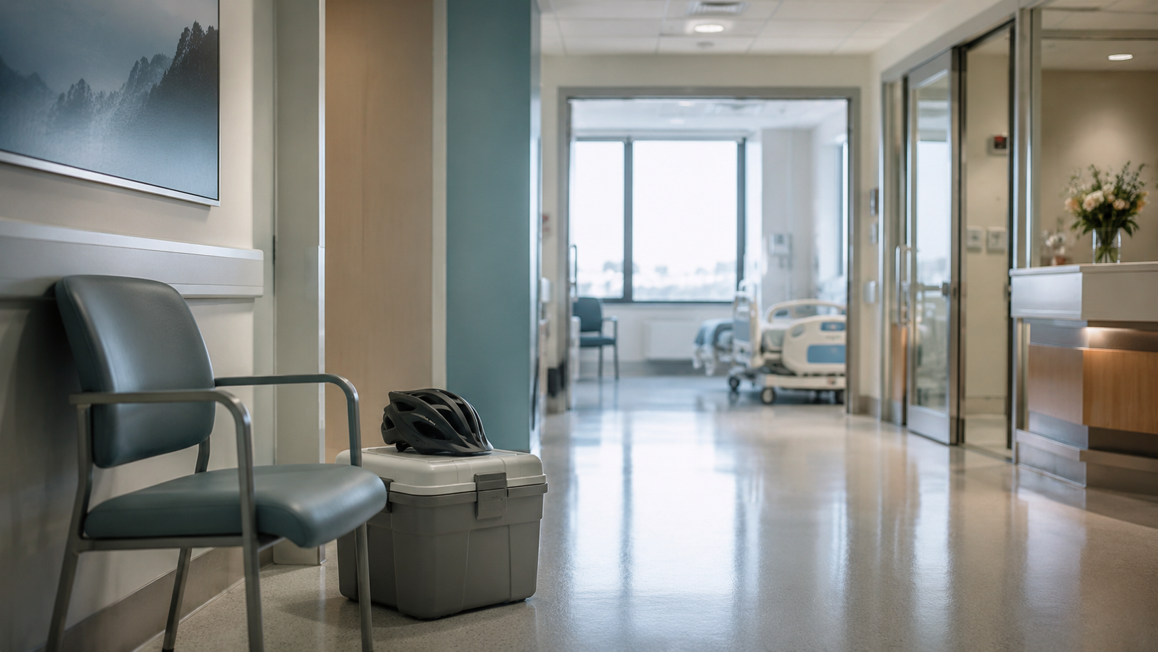 Un couloir d’hôpital calme avec une glacière médicale anonyme, sans texte visible.
