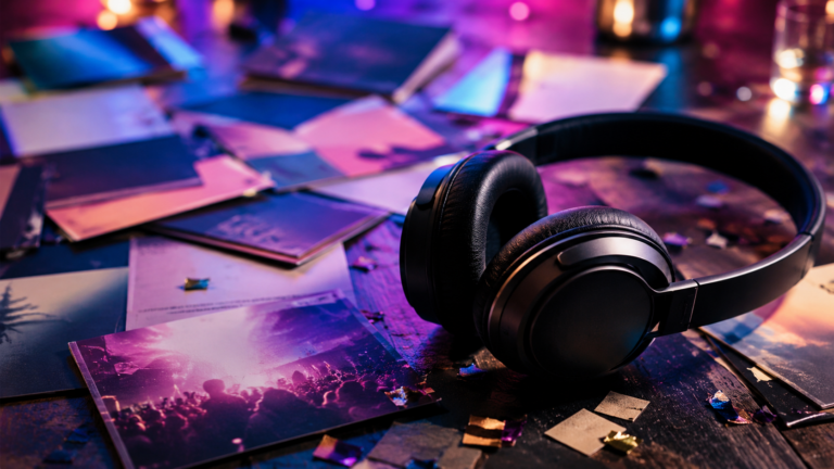 Un casque audio posé près de confettis et pochettes neutres