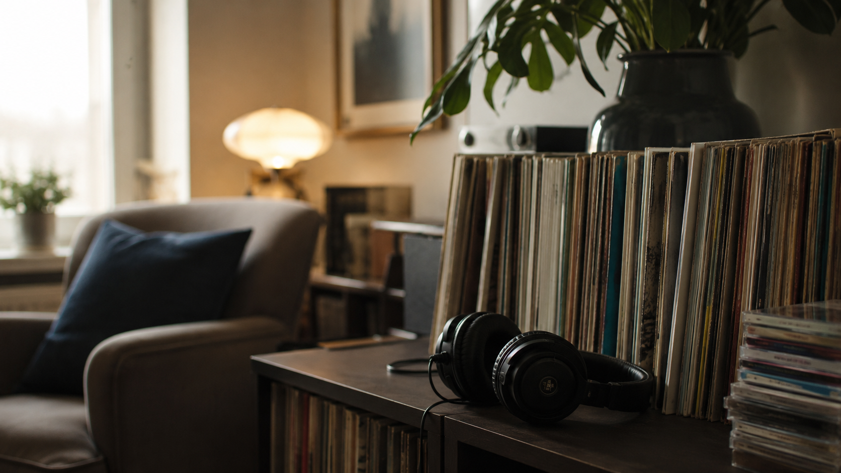 Des piles de disques neutres autour d'un casque audio