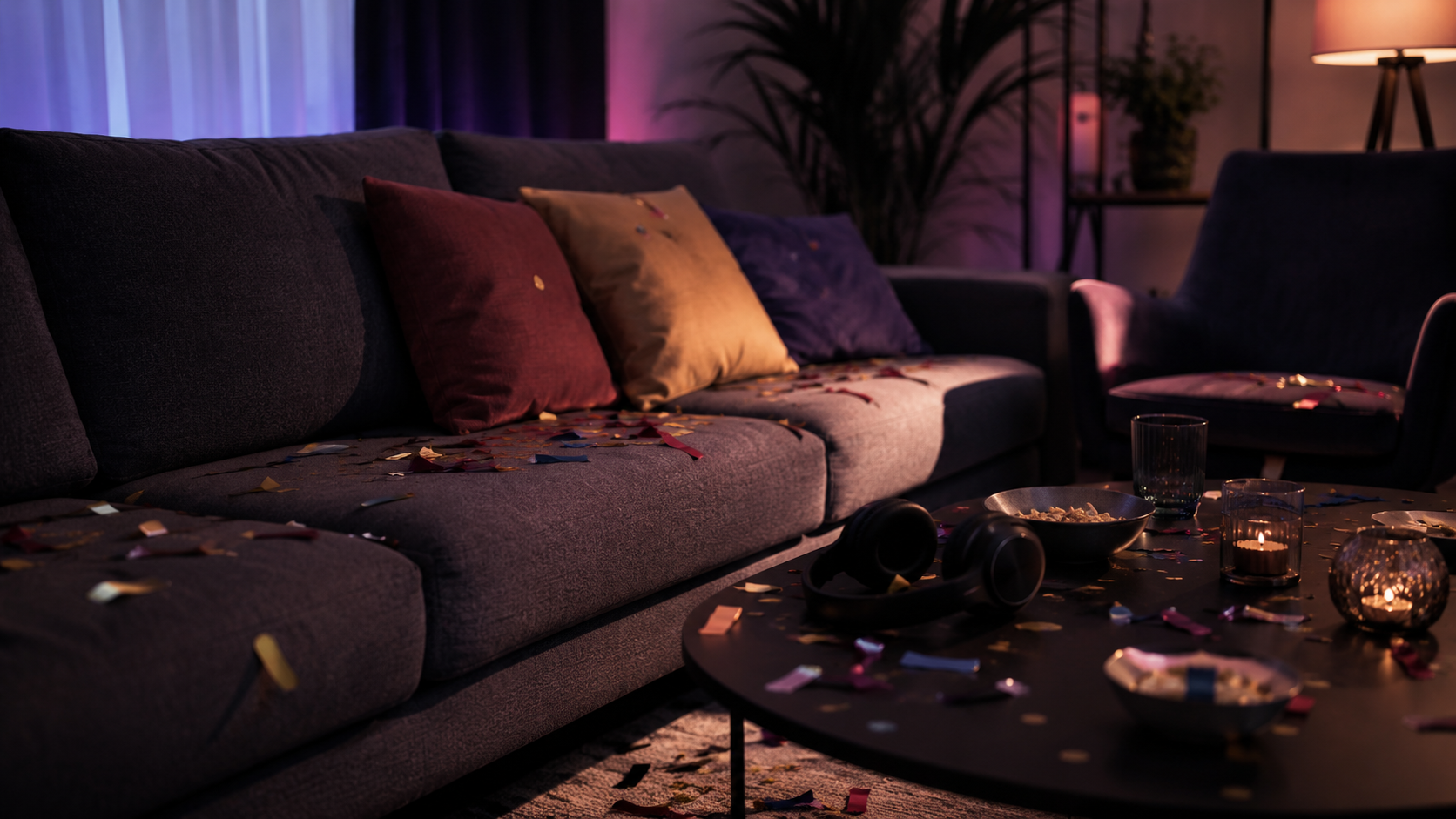 Un salon vide après une soirée musicale avec un casque posé