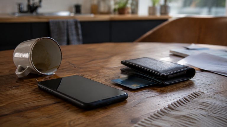 Un téléphone retourné coupe l’appel sur une table de cuisine.