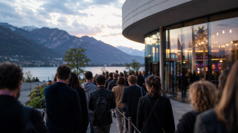 File devant une salle de festival à Annecy au bord du lac